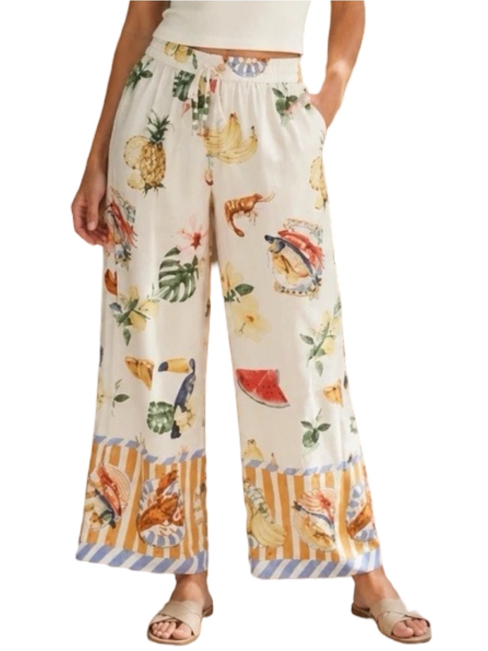 Bailey 44 Women’s Size M Cream Tropical Fruit Seafood Floral Wide Leg Pants